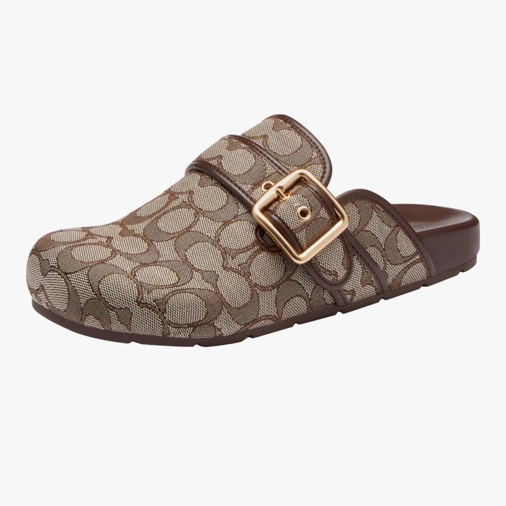 COACH Beige Signature Canvas Buckle Mule